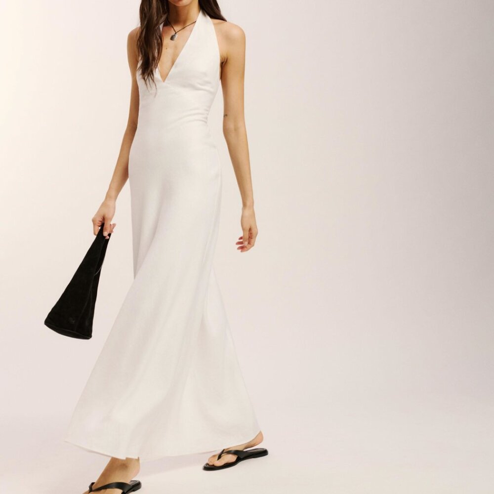 BEST Reformation Delilah Linen Maxi Dress Sz0/2 White Vacation Halter Wedding - Picture 11 of 15
